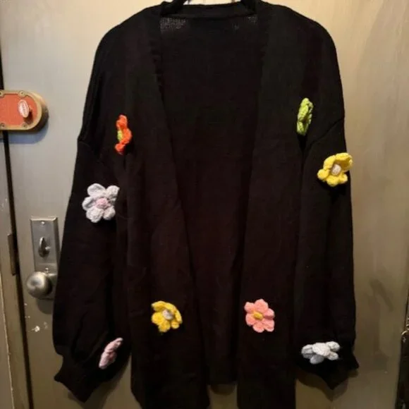 Retro Boho Floral Patched Drop Shoulder Open front Sweater Cardigan - NWOT - Picture 2 of 16